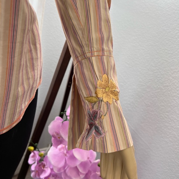 Johnny Was Striped Embroidered Floral Button Up Size M Women's Top Shirt Blouse - Picture 3 of 12